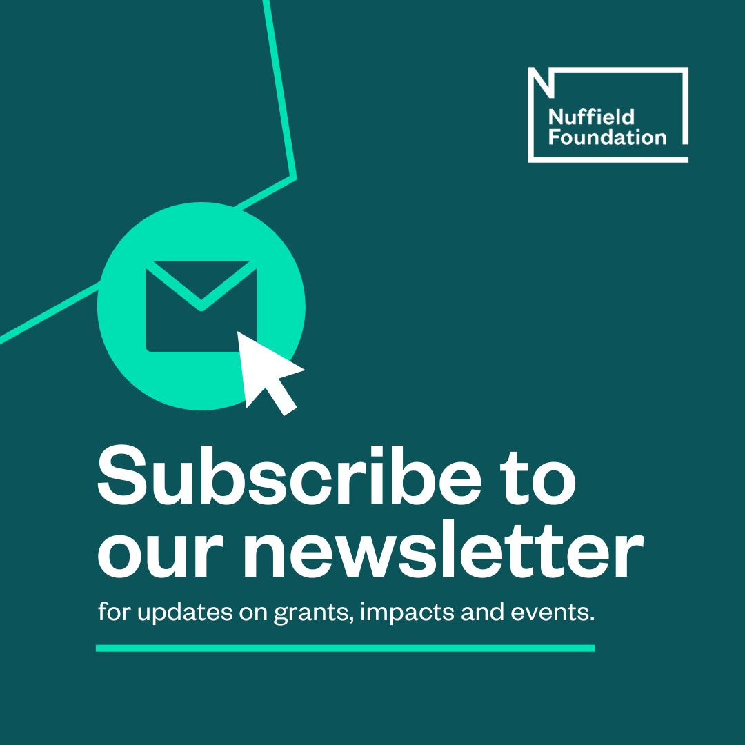 A dark green square with the text 'subscribe to our newsletter for updates on grants, impacts and events' in white text. Above the text is an icon of an envelope and an icon of a cursor hovering above it.